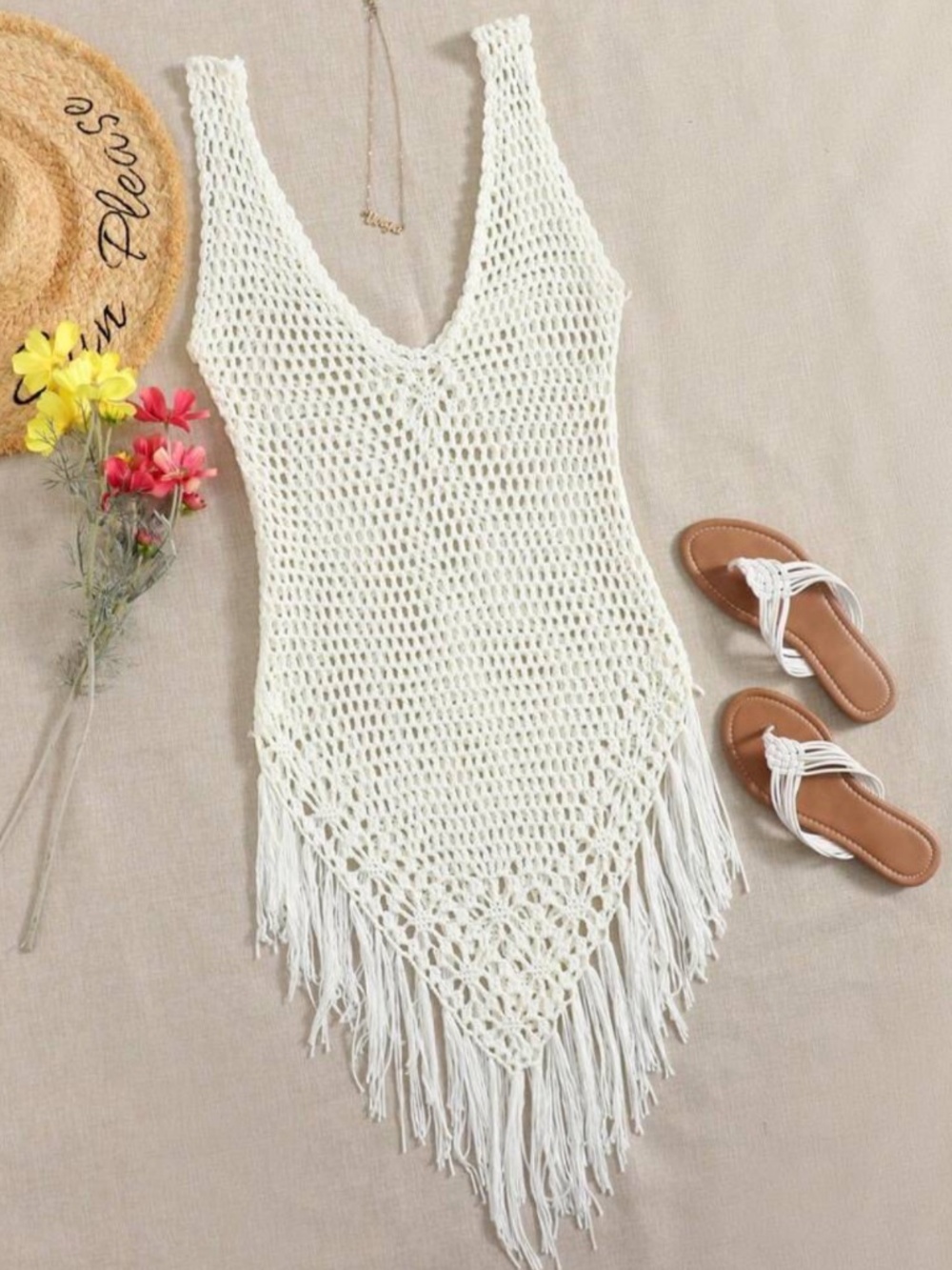 SHEIN Breezaya Fringe Hem Crochet Swim Cover Up, Size S